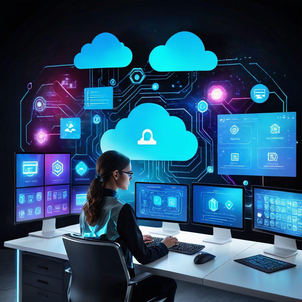 A futuristic digital workspace showing holographic tools and interfaces for data restoration, with a person efficiently managing different data streams. The background features a blend of cloud storage icons and a secure vault to symbolize data protection. vibrant colors. 3D. high-tech aesthetic.