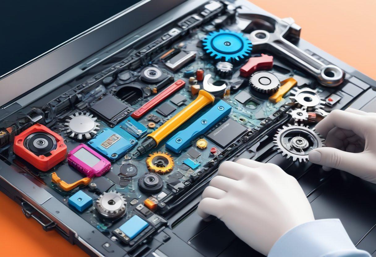 A dynamic image of a laptop with a glowing, partially broken website interface slowly repairing itself. In the background, digital tools like a wrench, screwdriver, and gears float around, symbolizing the repair process. A person in professional attire points to a digital progress bar nearing completion. Bright and engaging colors. 3D. super-realistic.