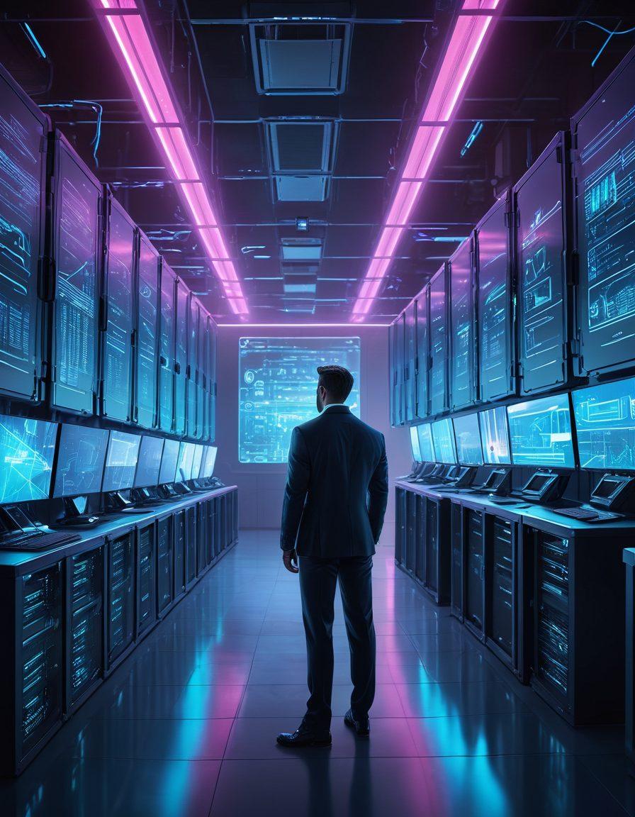A futuristic, high-tech data center with holographic screens showing various recovery processes, a person in a suit overseeing the operations with a determined look, and blueprints of disaster recovery plans. Bright servers with blinking lights create an innovative atmosphere. cyberpunk. super-realistic. vibrant colors.